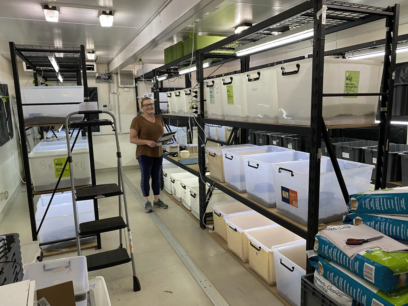 Researcher checking animal tubs in the Behaviour and Cognition Centre