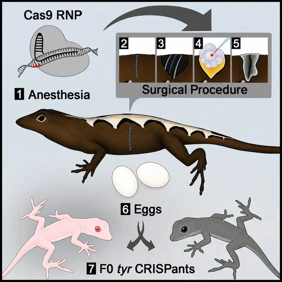 Seven-stage CRISPR-Cas9 workflow in lizards, from anaesthesia and surgery to edited offspring
