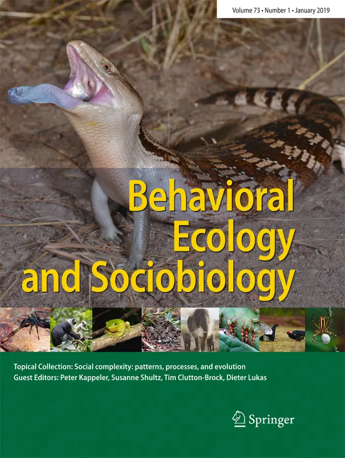 Behavioral Ecology and Sociobiology 2019 cover featuring a blue-tongued skink